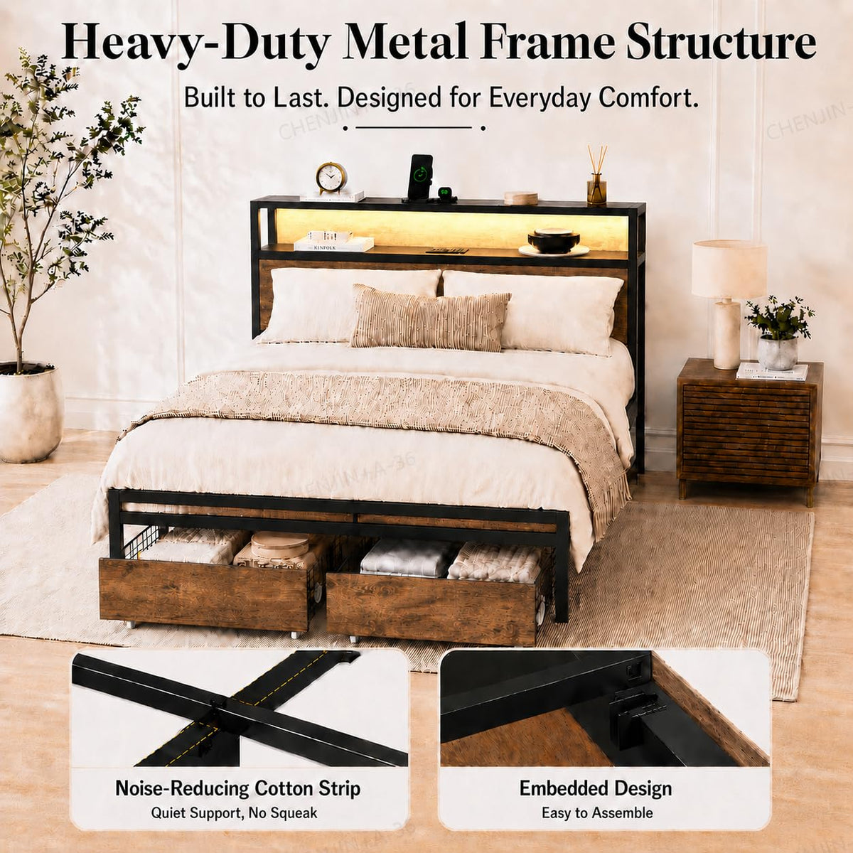 Full Size Bed Frame with Storage Drawers, Bed Frame Full Size with Headboard, LED Light, Charging Station with 3 USB
