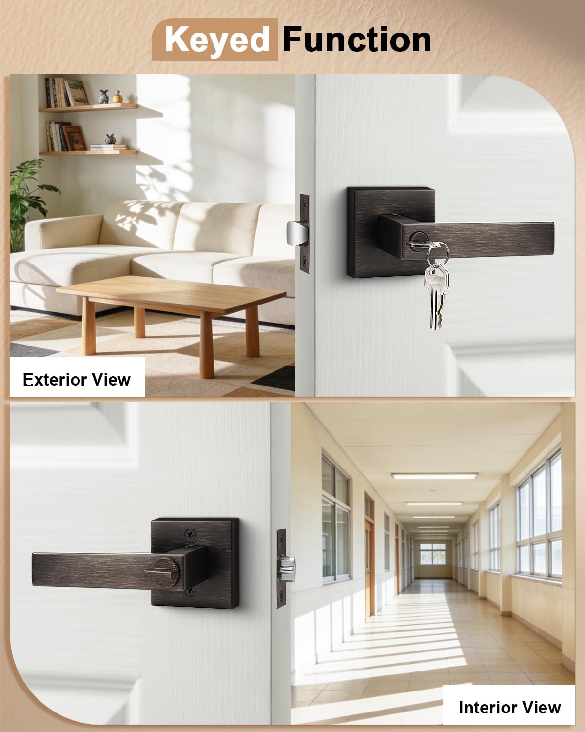 Heavy Duty Square Keyed Door Lever with Lock and Key, Oil Rubbed Bronze Entrance Door Handle for Exterior or Interior
