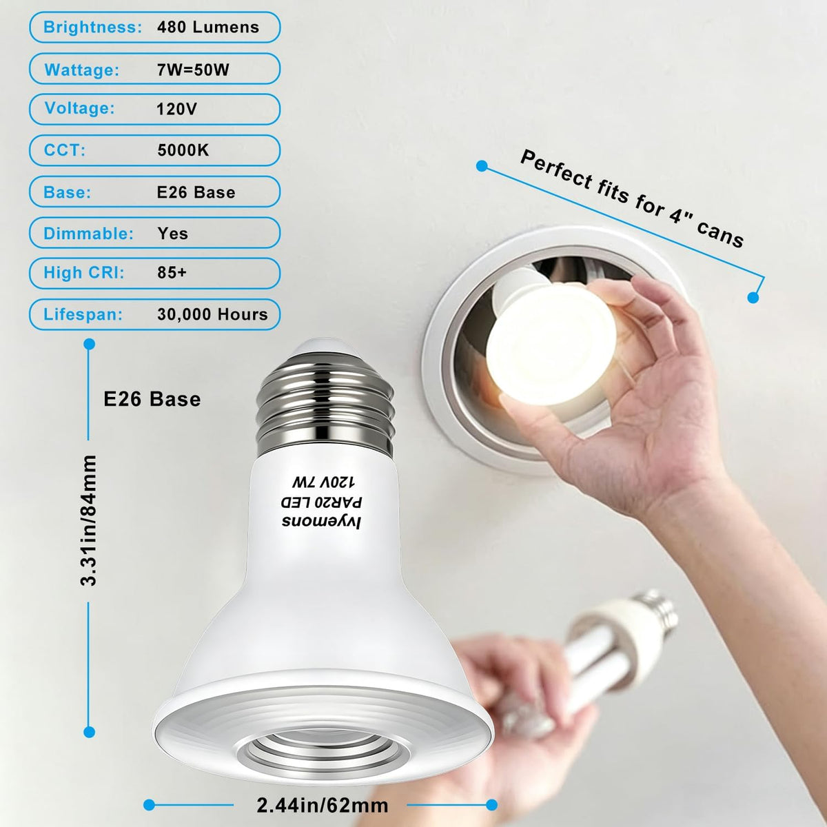 PAR20 LED Bulb Dimmable 7W 120V 5000K 480LM for Indoor & Outdoor