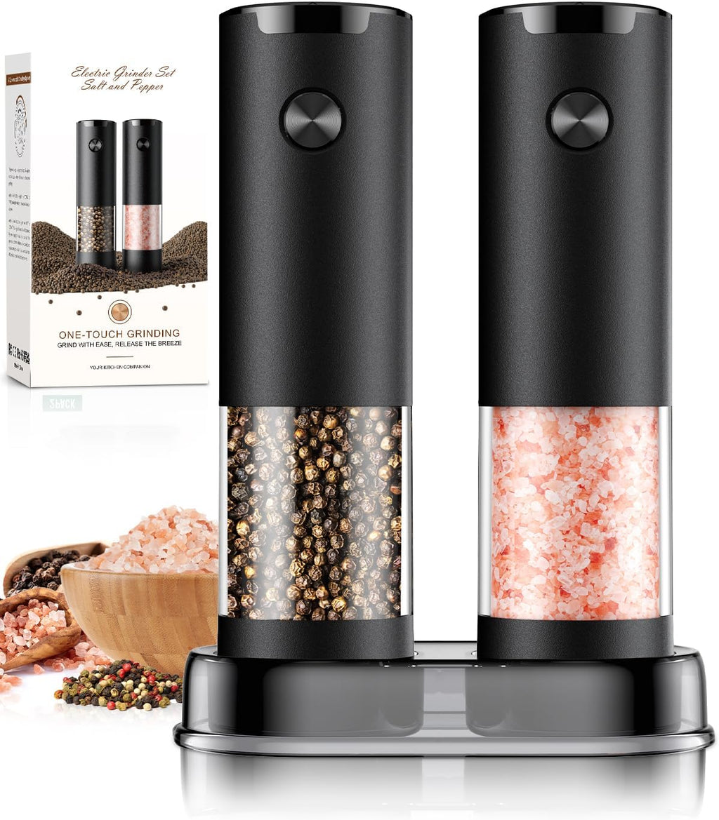 Electric Salt and Pepper Grinder Set Automatic Battery Pepper Mill Shakers Adjustable Coarseness Upgraded Larger - Set of 2