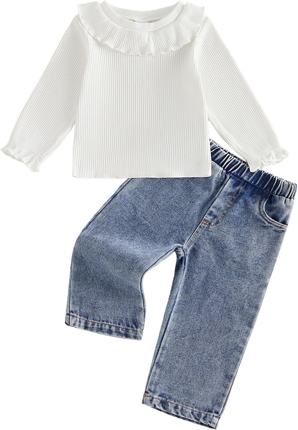 Baby Girl Fall Clothes Toddler Outfit Ruffle Ribbed Long Sleeve Shirt and Jeans Denim Pants Set 2 Piece Clothing