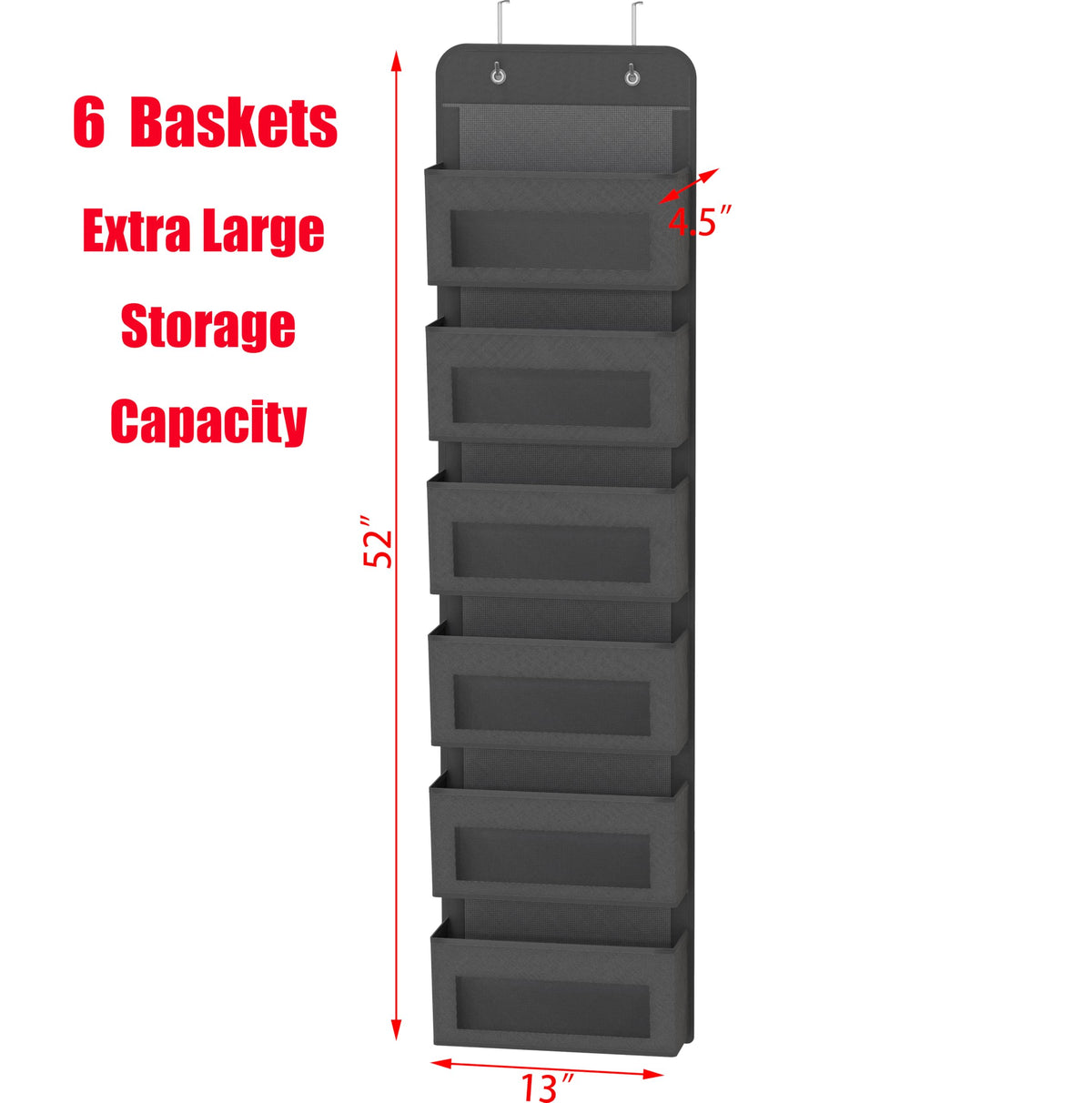 6 Clear Pocket Over Door Hanging Organizer, Dark Gray