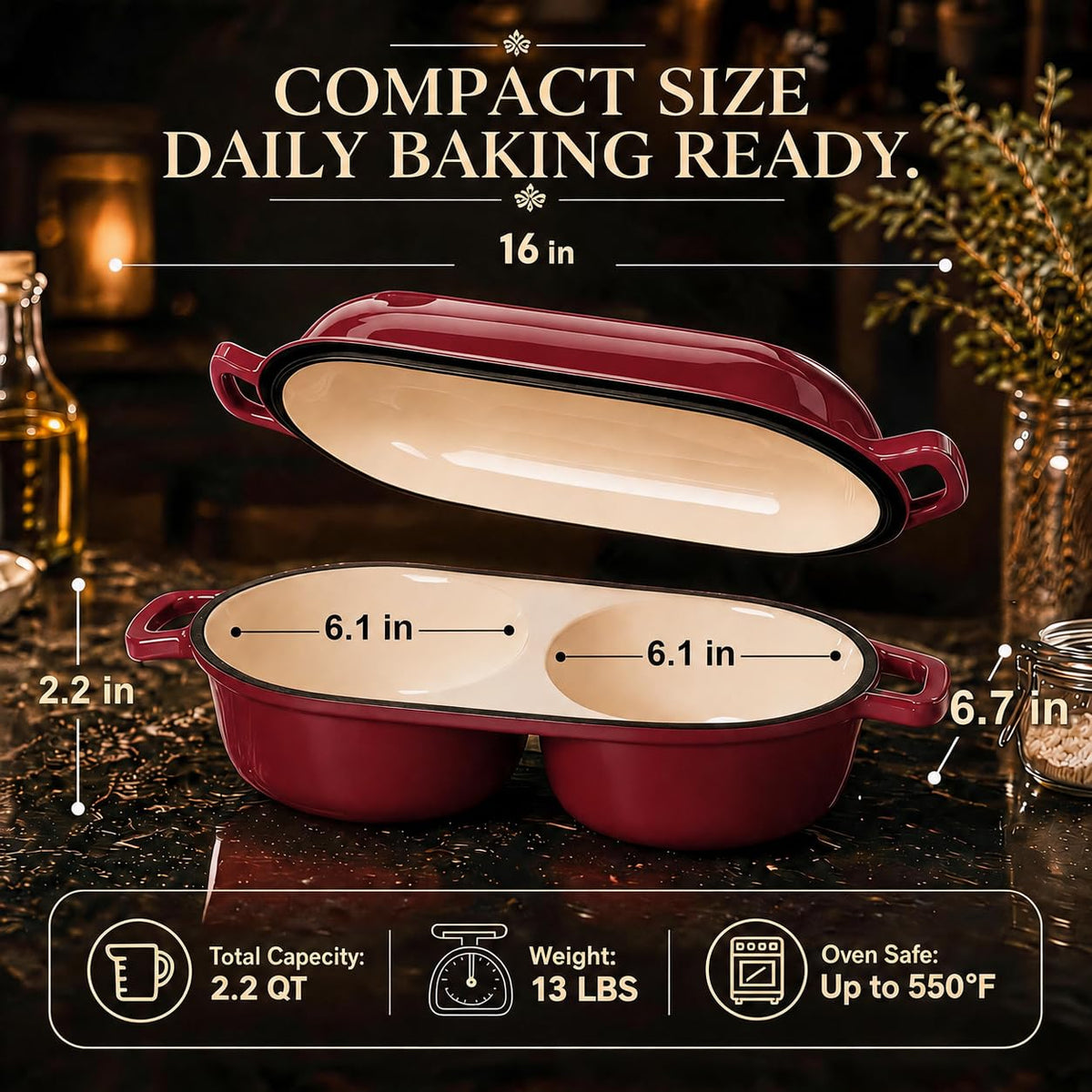 Mini Double Dutch Oven For Sourdough Bread Baking, 2.2QT Enameled Cast Iron
