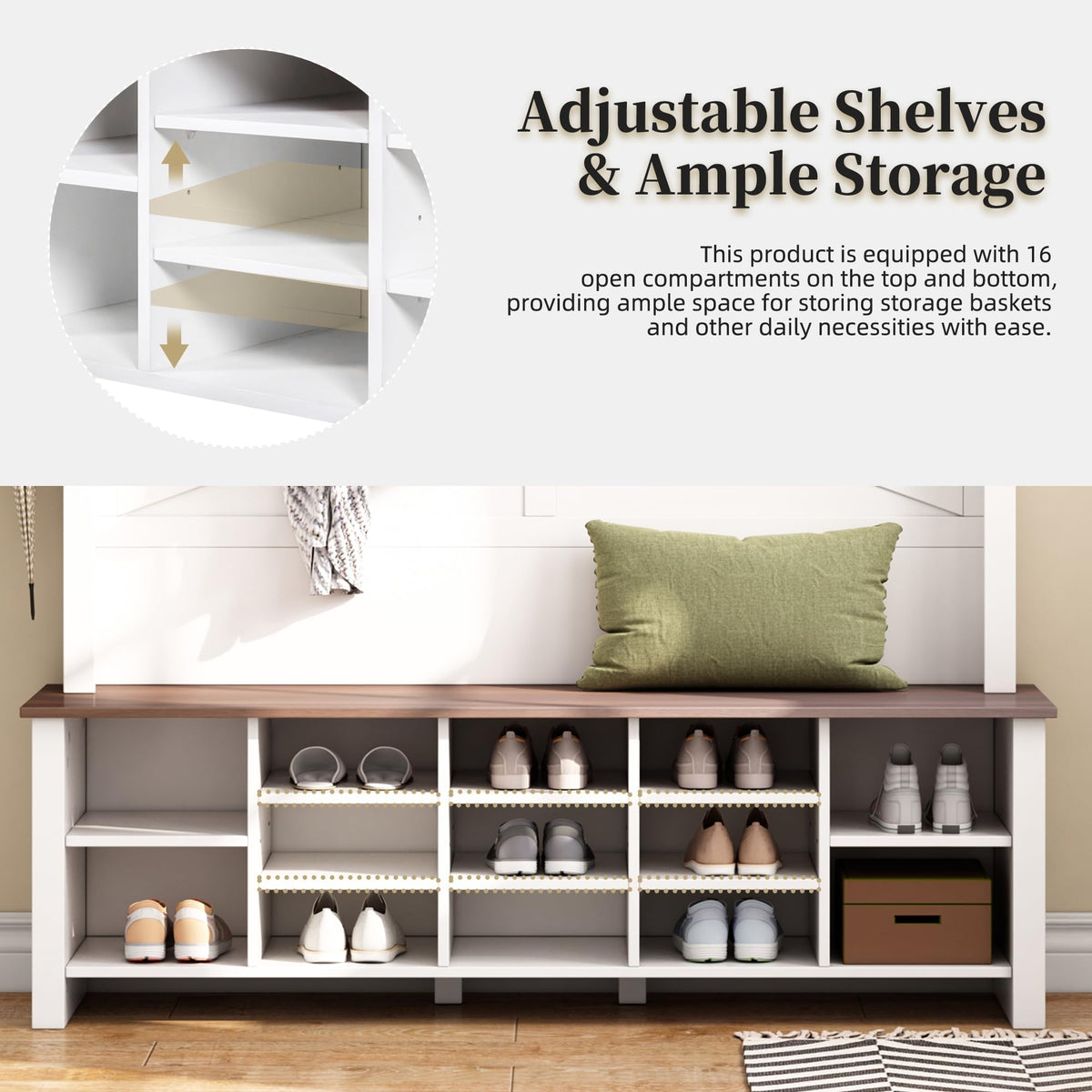 Farmhouse Wood Hall Tree with 6 Hooks and Entryway Shoe Bench, 4-in-1 Coat Rack with 16 Open Compartments &