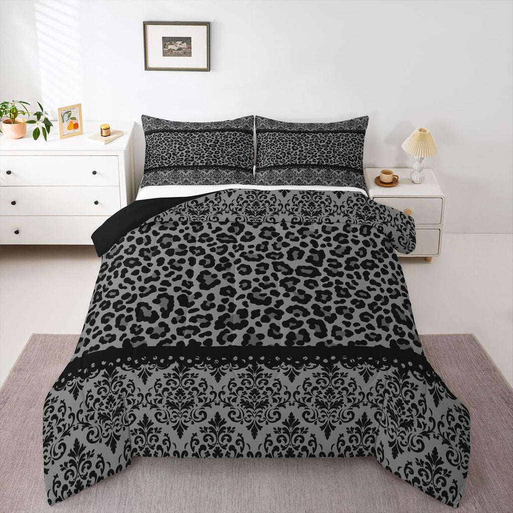 Black Grey Leopard Damask Print Adults Comforter Set All Season Gothic Antique Victorian Baroque Bedding Set with 2