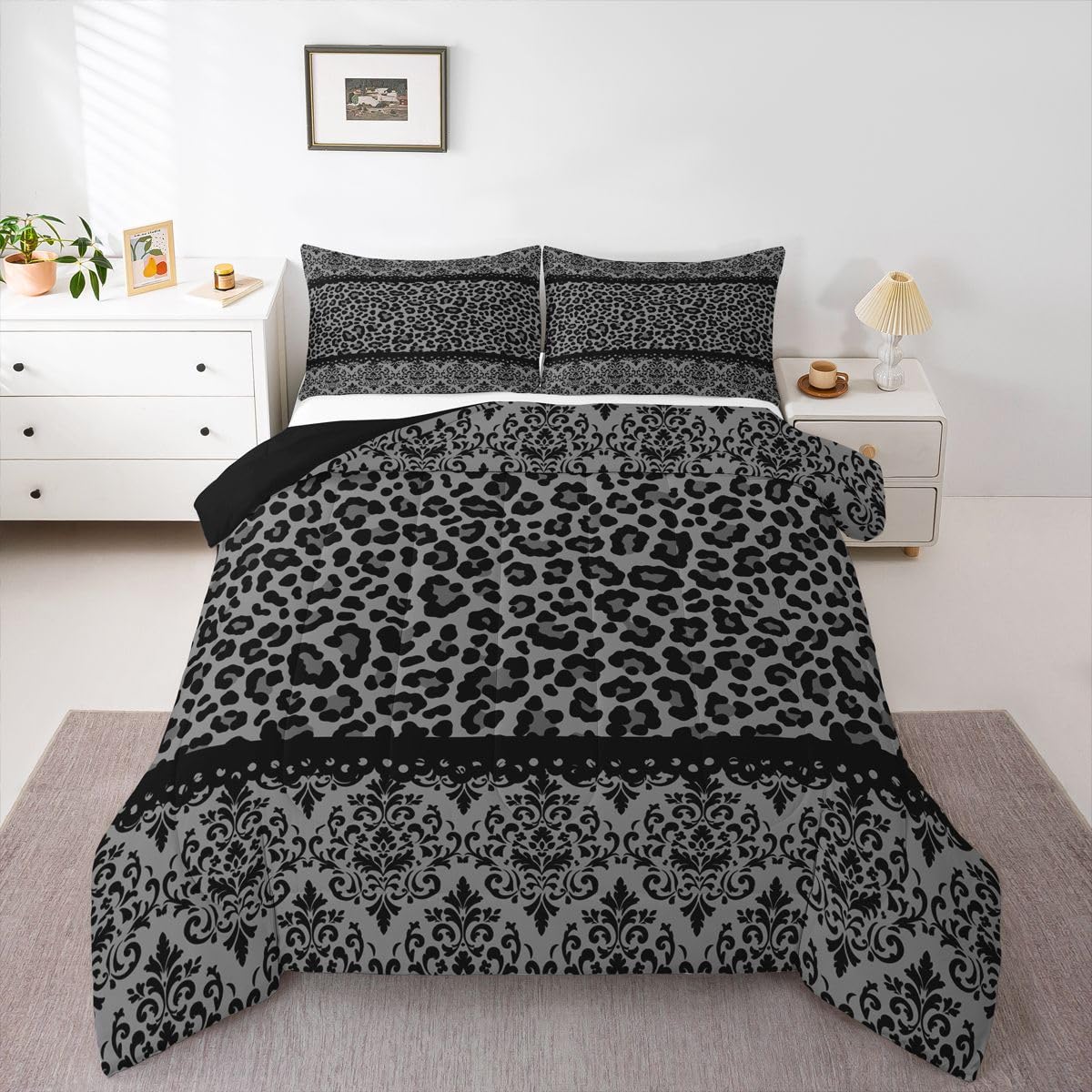 Black Grey Leopard Damask Print Adults Comforter Set All Season Gothic Antique Victorian Baroque Bedding Set with 2