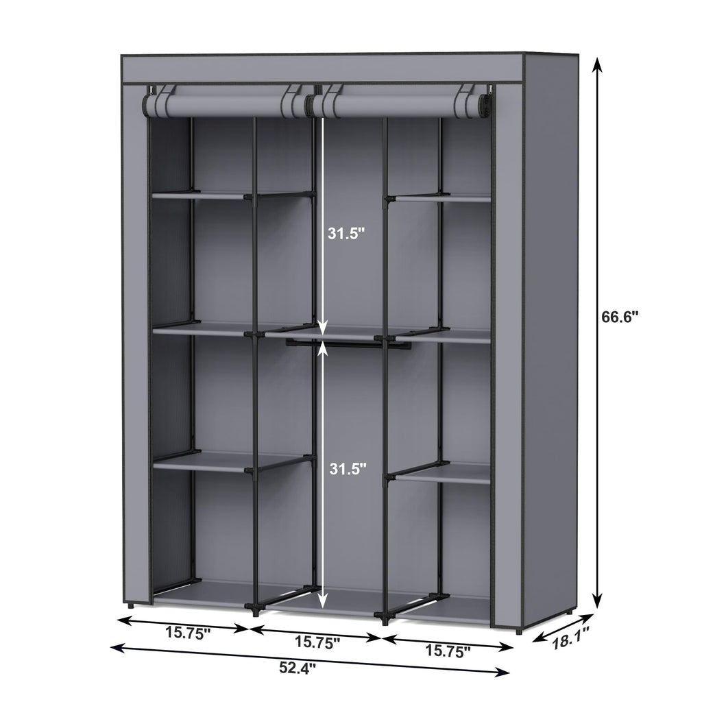 Portable Closet, Wardrobe Closet with 10 Storage Shelves and 2 Hanging Rods, Non-Woven Fabric Cover, 52.4 x 18.1 x