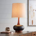 Andi Mid Century Modern Table Lamp 24.5" High Hammered Bronze Ceramic Wood Off White Tall Drum Shade Bedroom House
