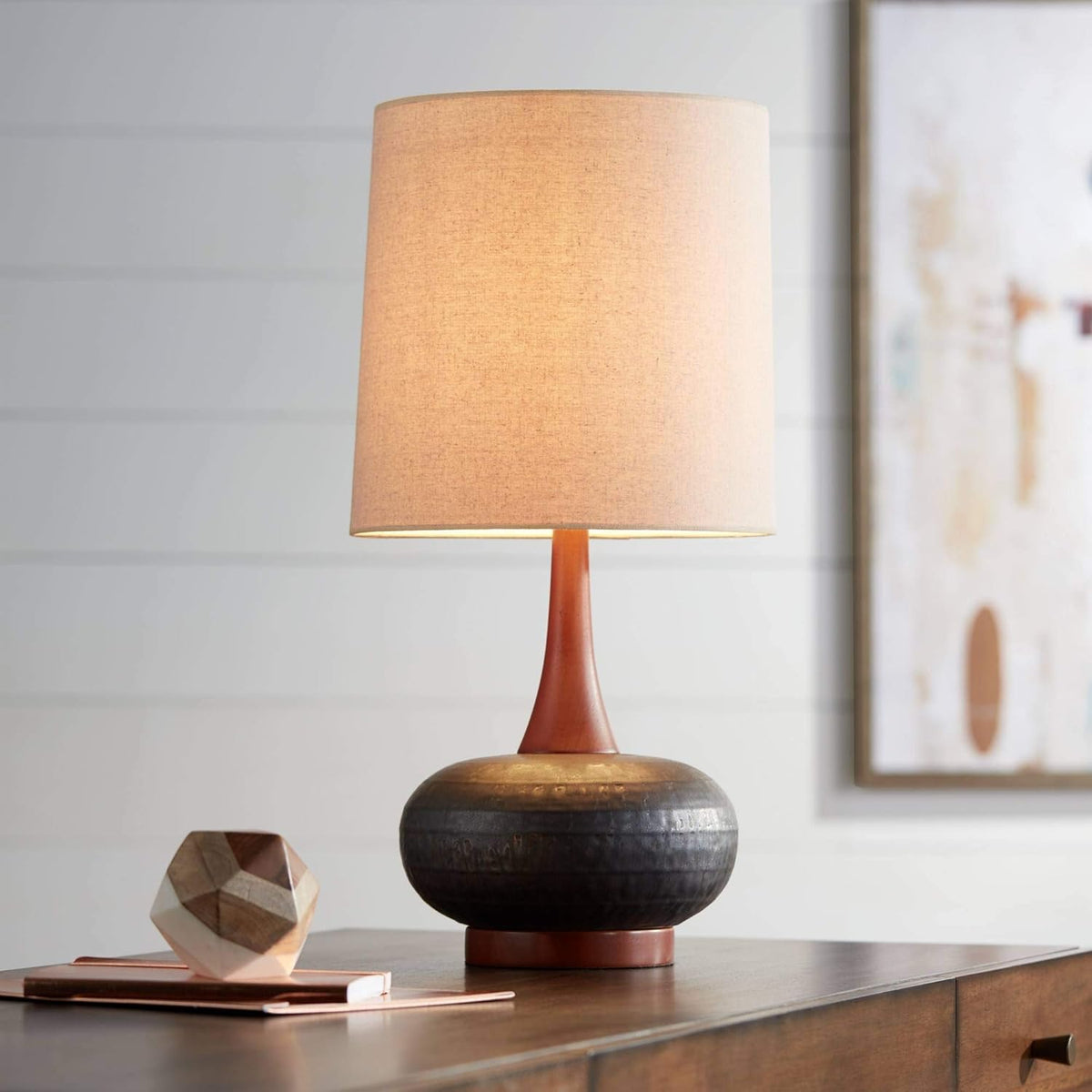 Andi Mid Century Modern Table Lamp 24.5" High Hammered Bronze Ceramic Wood Off White Tall Drum Shade Bedroom House