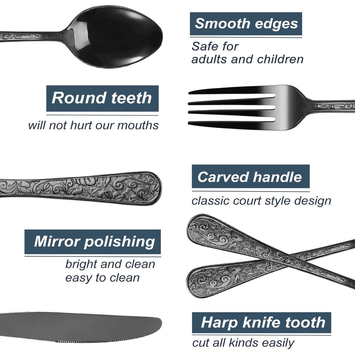 Vintage Carved Black Stainless Steel 20-Piece Flatware Set