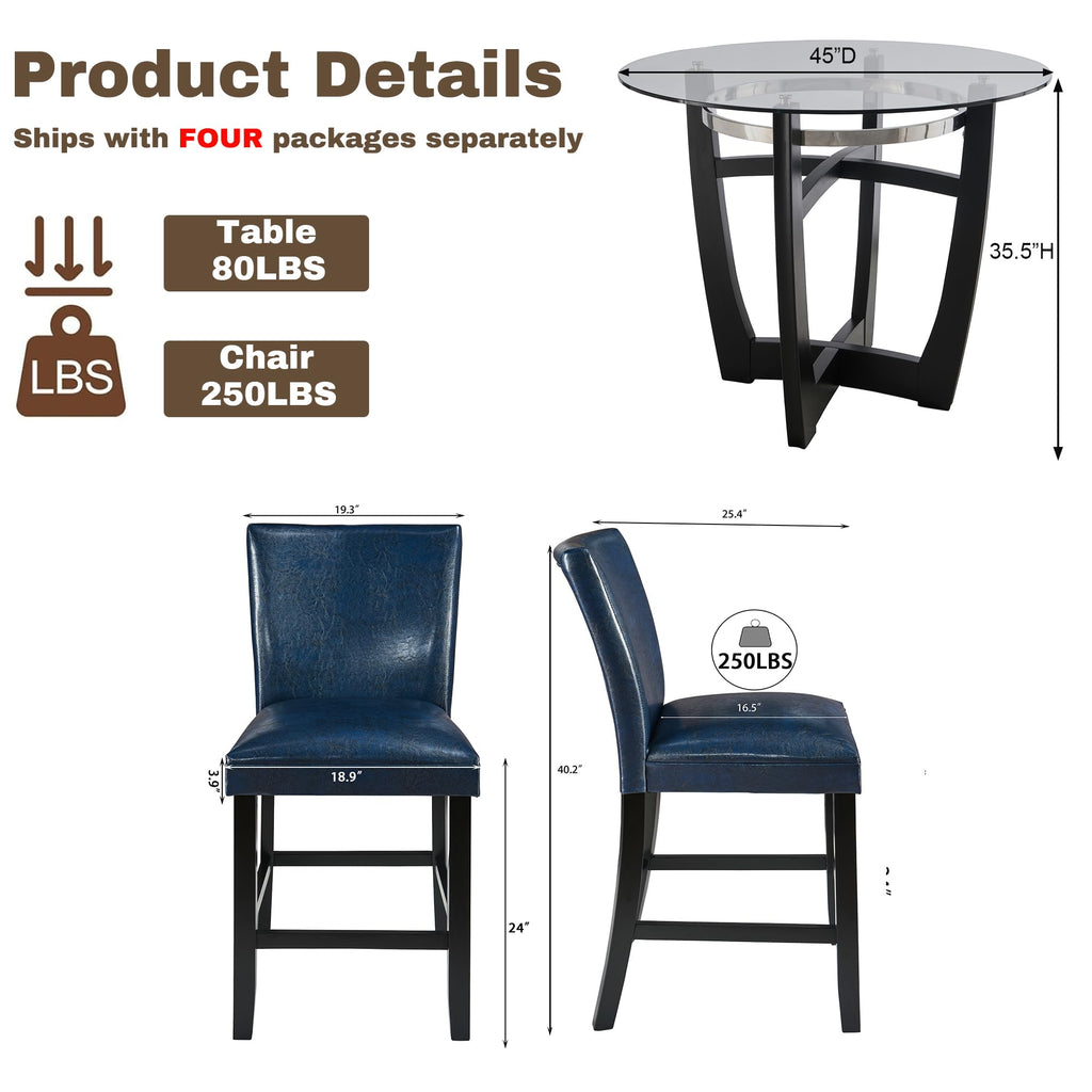 Glass Pub Dining Set for 4, 45" Round Table + 4 Blue PU Stools