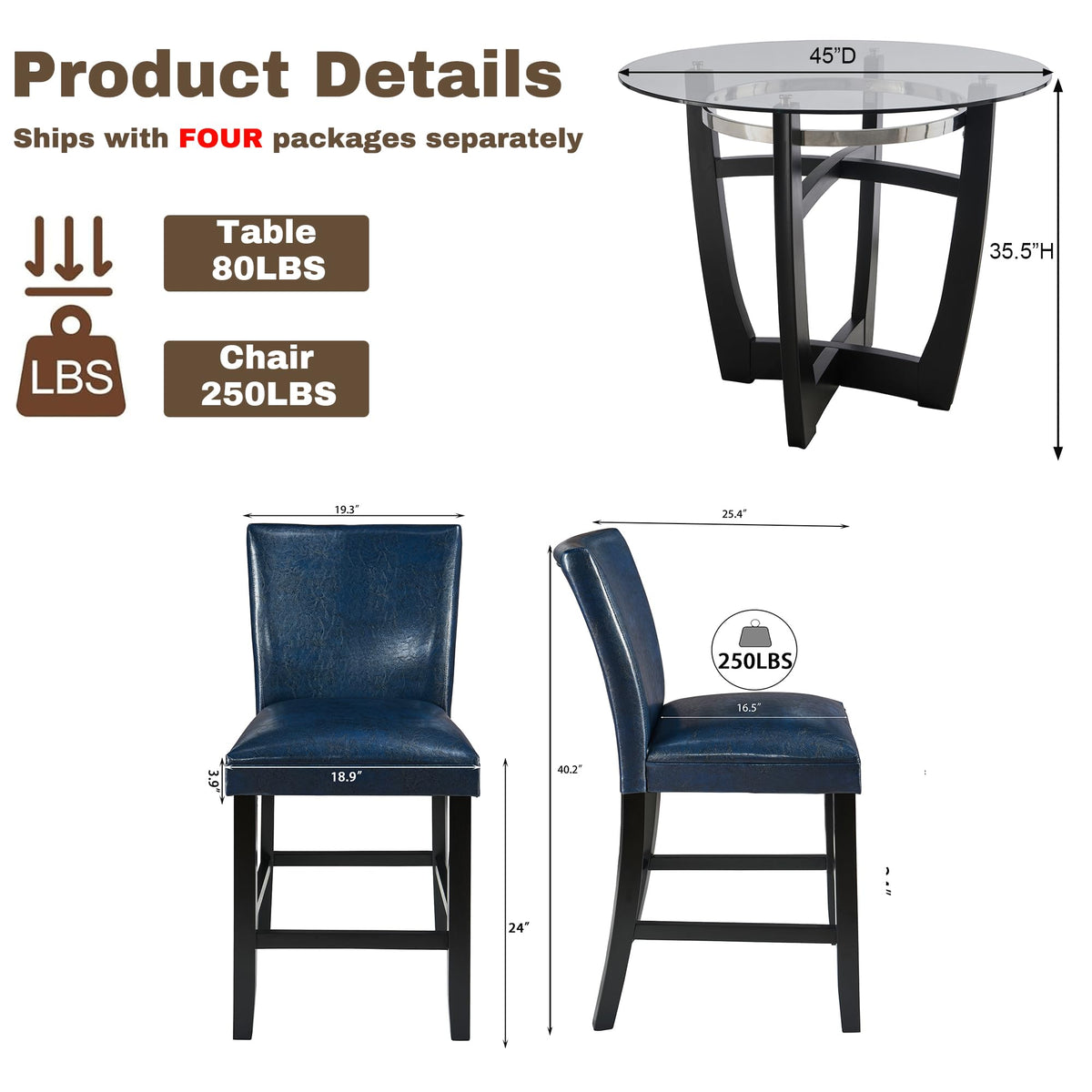 Glass Pub Dining Set for 4, 45" Round Table + 4 Blue PU Stools