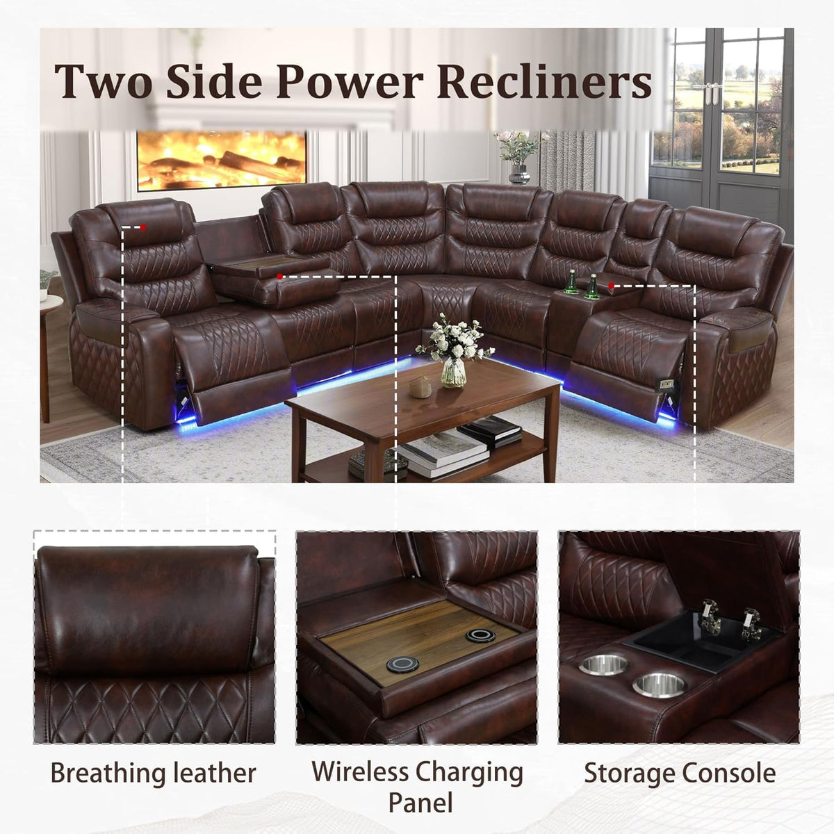 Breathing Leather Reclining Sectional Couch, 6 Seat L Shaped Sofa with 2 Power Recliner Seats, Reclining Sectional