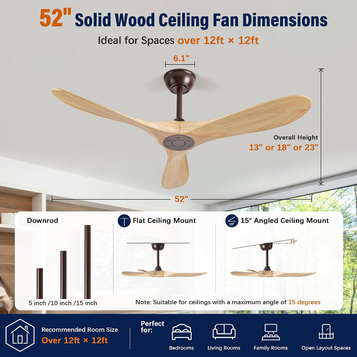 52" Oil Rubbed Bronze Ceiling Fan with Remote, No Light