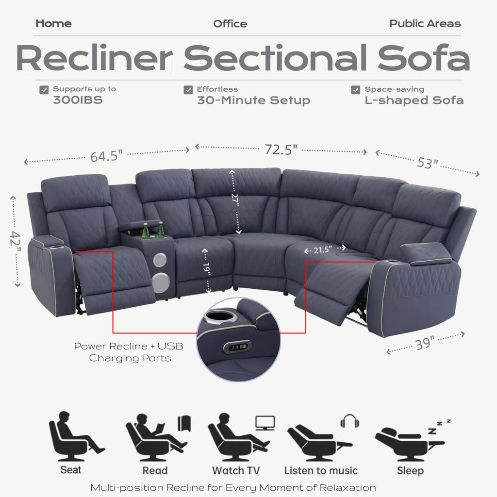 Leather Power Reclining Sectional Sofa with Speakers & USB Charging Ports