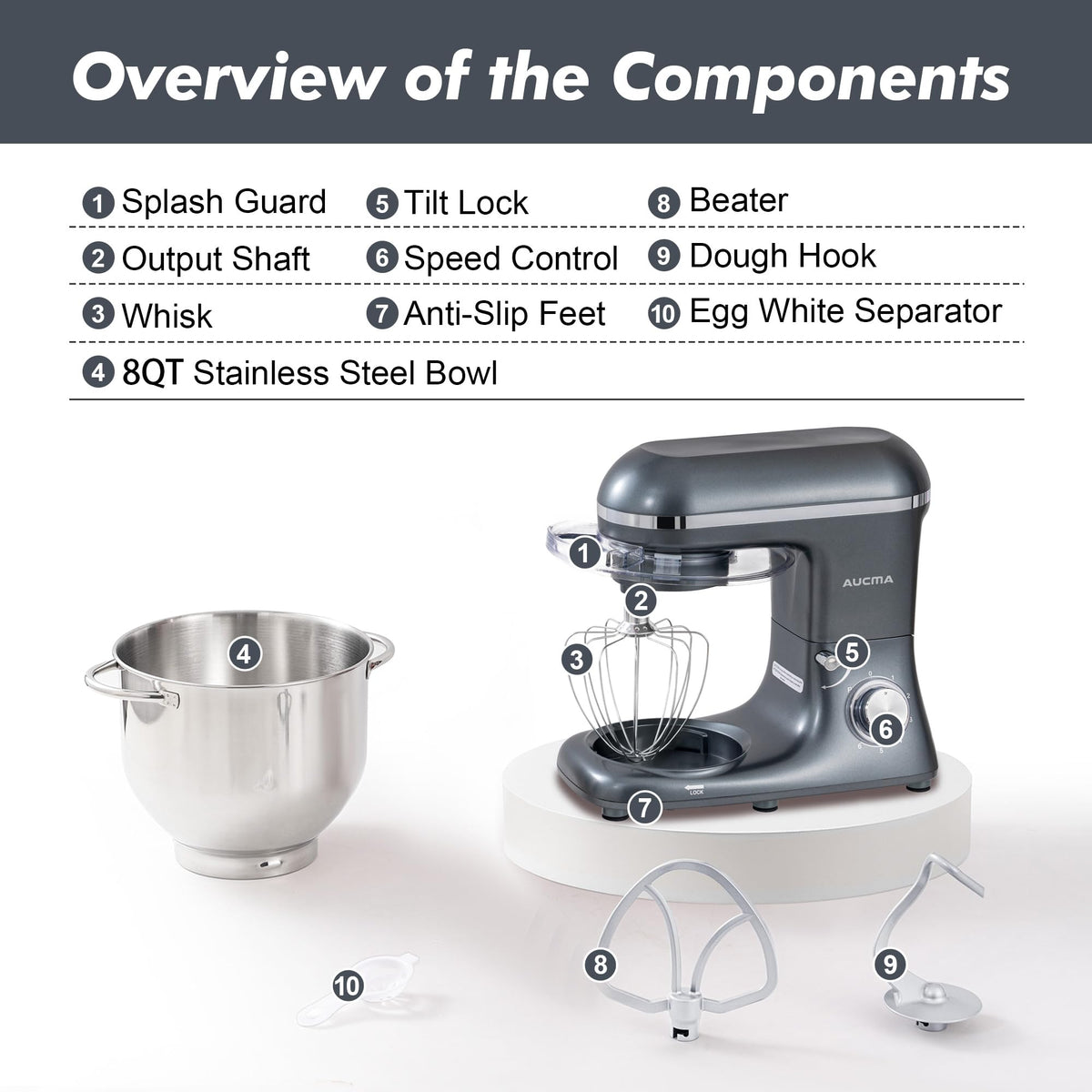 Stand Mixer,8QT 900W Tilt-Head Food Mixer, Kitchen Electric Mixer with Dough Hook, Wire Whip & Beater (Gray, 8QT)