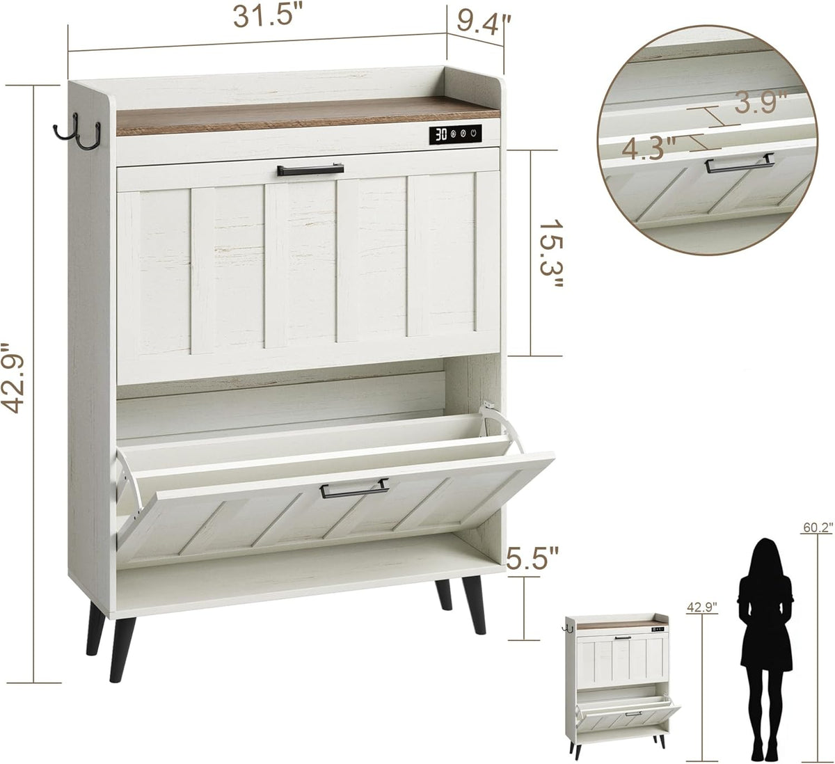 Shoe Storage Cabinet with 2 Flip Drawers, Deodorizing Shoe Organizer Storage , Freestanding Hidden Slim Narrow Shoe