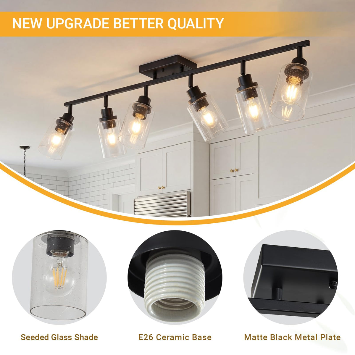 Track Light Fixture, Black Bathroom Lighting Fixture Ceiling with Seeded Glass, Multi-Directional Ceiling