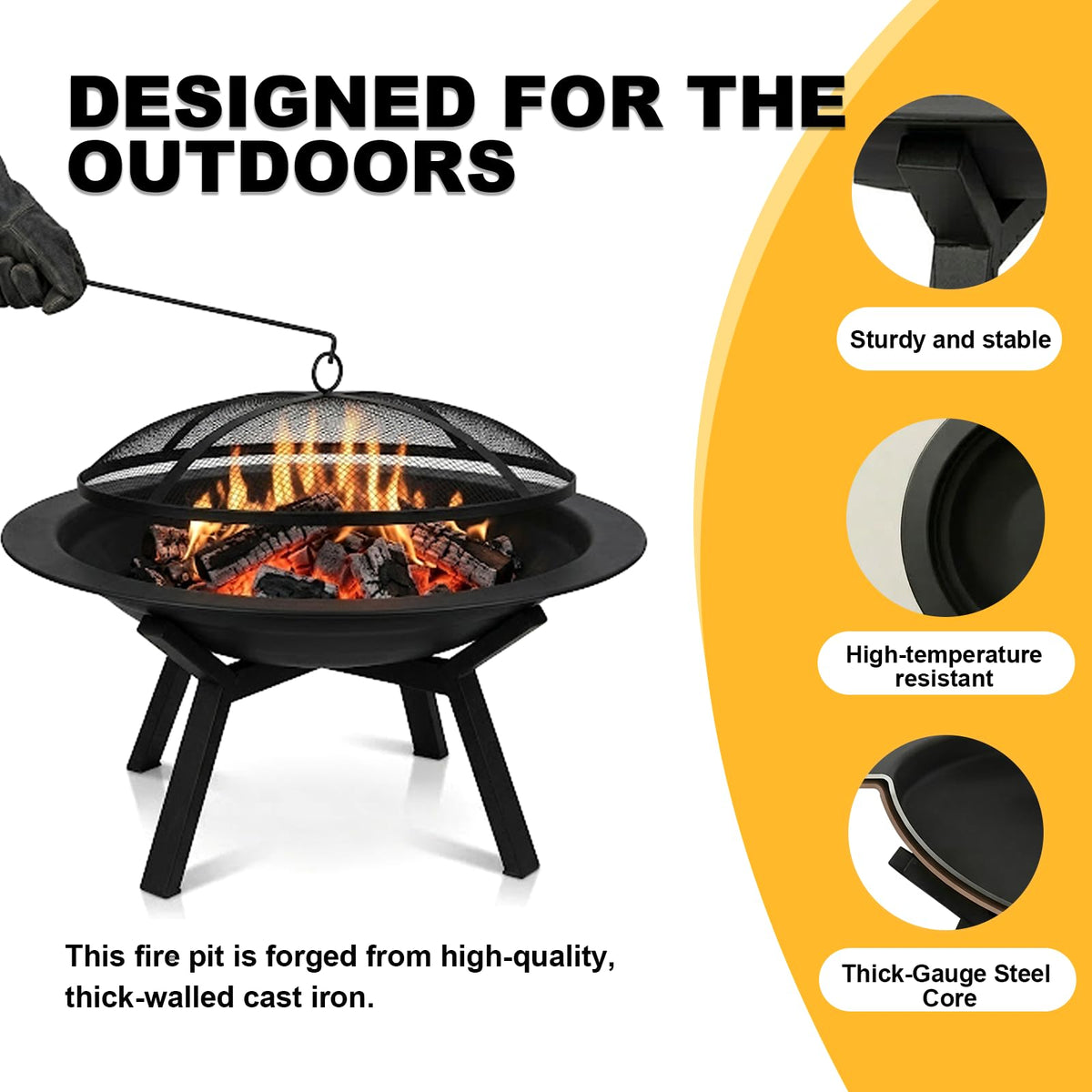 Outdoor Wood Burning Fire Pit, Heavy Duty Round Steel Fire Bowl for Backyard, Patio, Camping, Bonfire, Black Finish