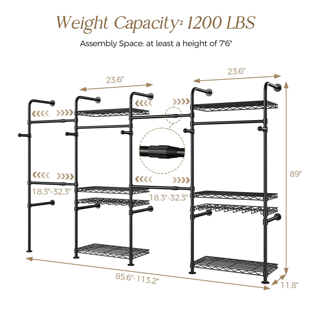 Closet Organizers Wall Mounted Closet System, 4-Row Heavy Duty Garment Clothes Rack, Industrial Pipe Clothing Rack