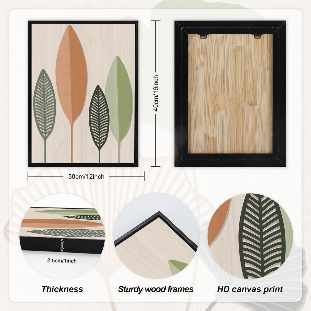 Framed Botanical Wall Art Leaf Art Pieces Zen Canvas Wall Art Set of 3(12"X16") Boho Bedroom Wall Decor Sage Green