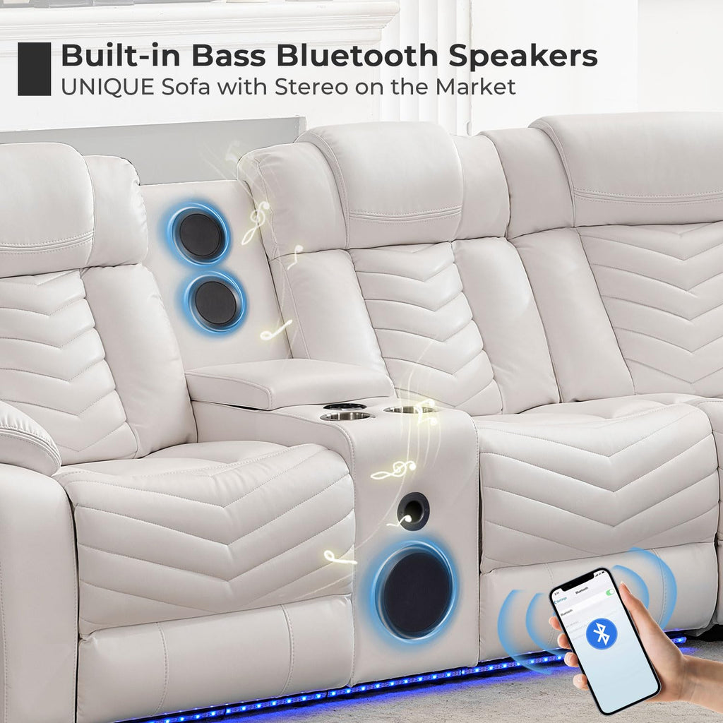 Power Recliner Sectional Sofa Couches with Bass Speakers, Faux Leather Reclining Corner Sectionals Sofa Couch Sets