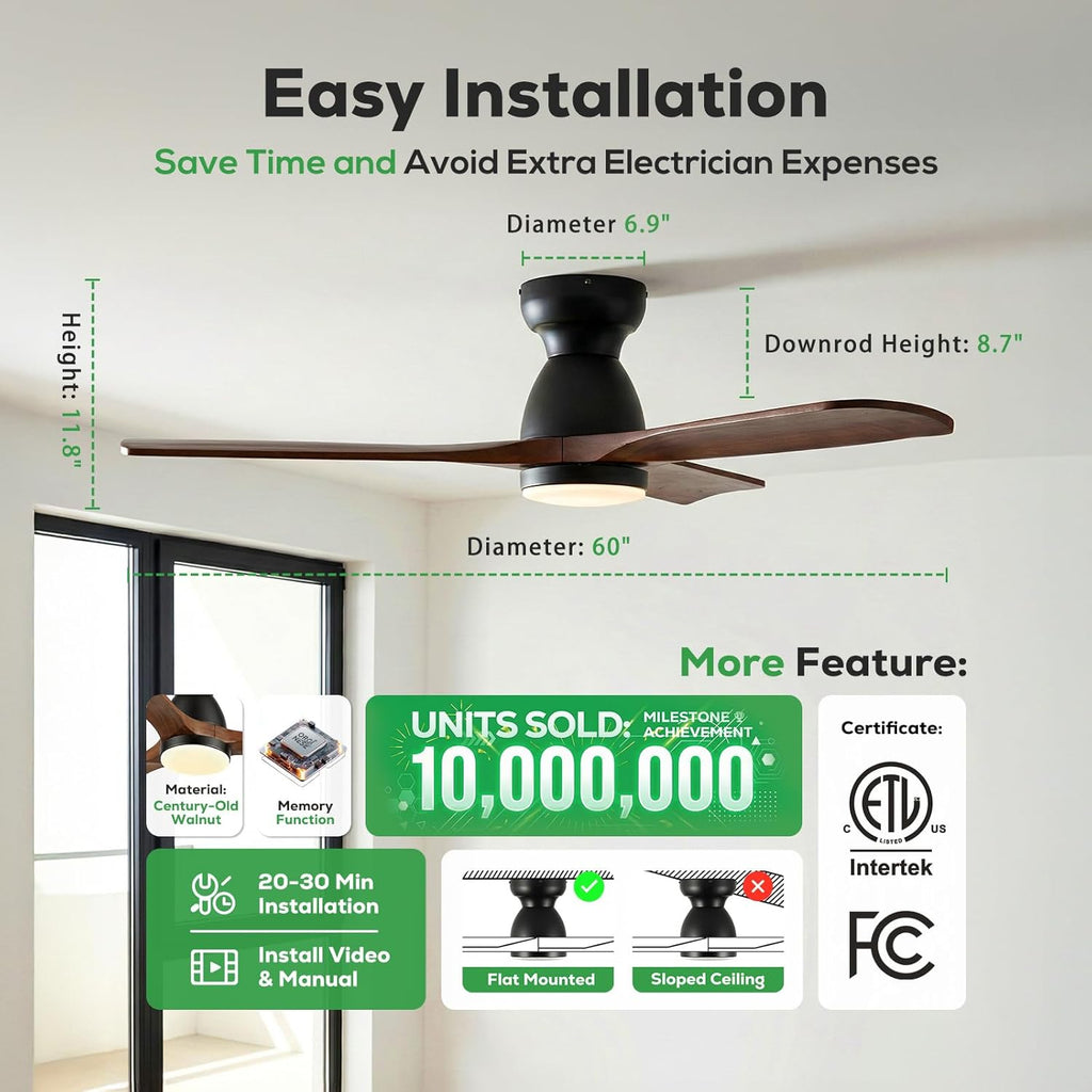 60" Walnut Indoor/Outdoor Smart Flush Mount Ceiling Fan with Light & Remote