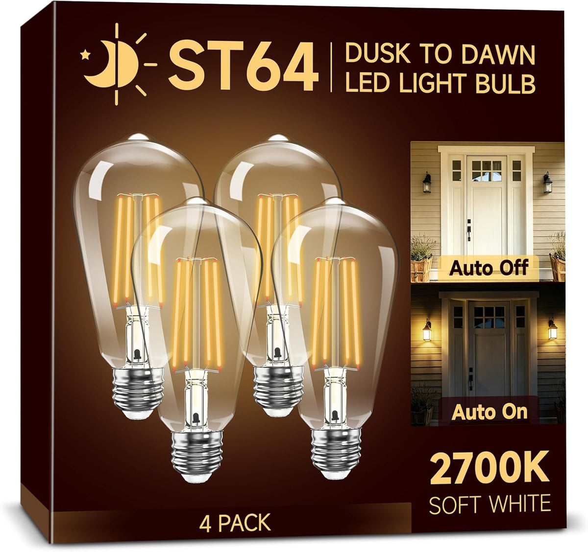 Dusk to Dawn ST64 Edison Light Bulbs Outdoor, 60W Equivalent 4 Pack
