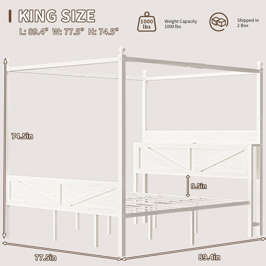 Canopy Bed Frame with Barn Door Storage Headboard, Beige