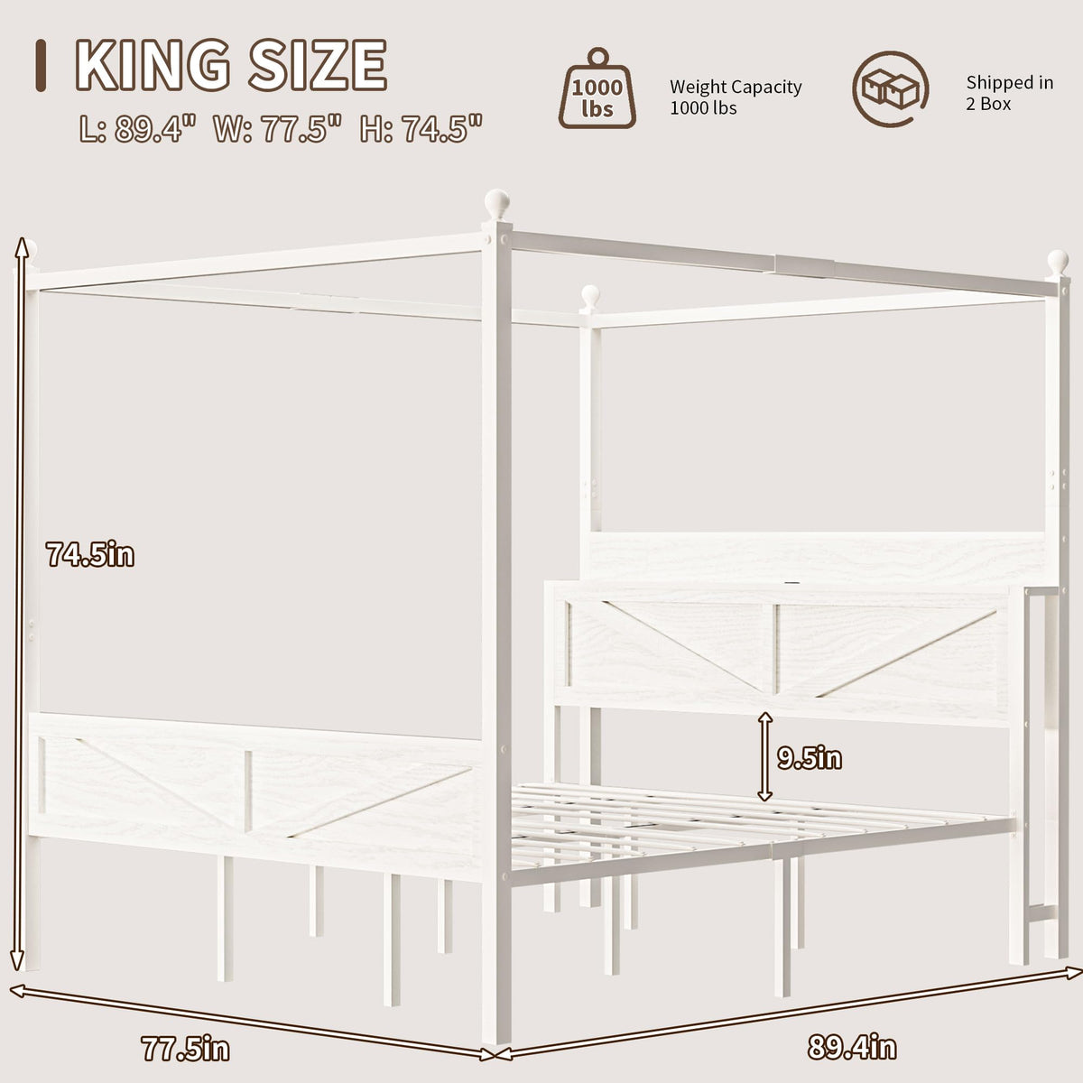 Canopy Bed Frame with Barn Door Storage Headboard, Beige