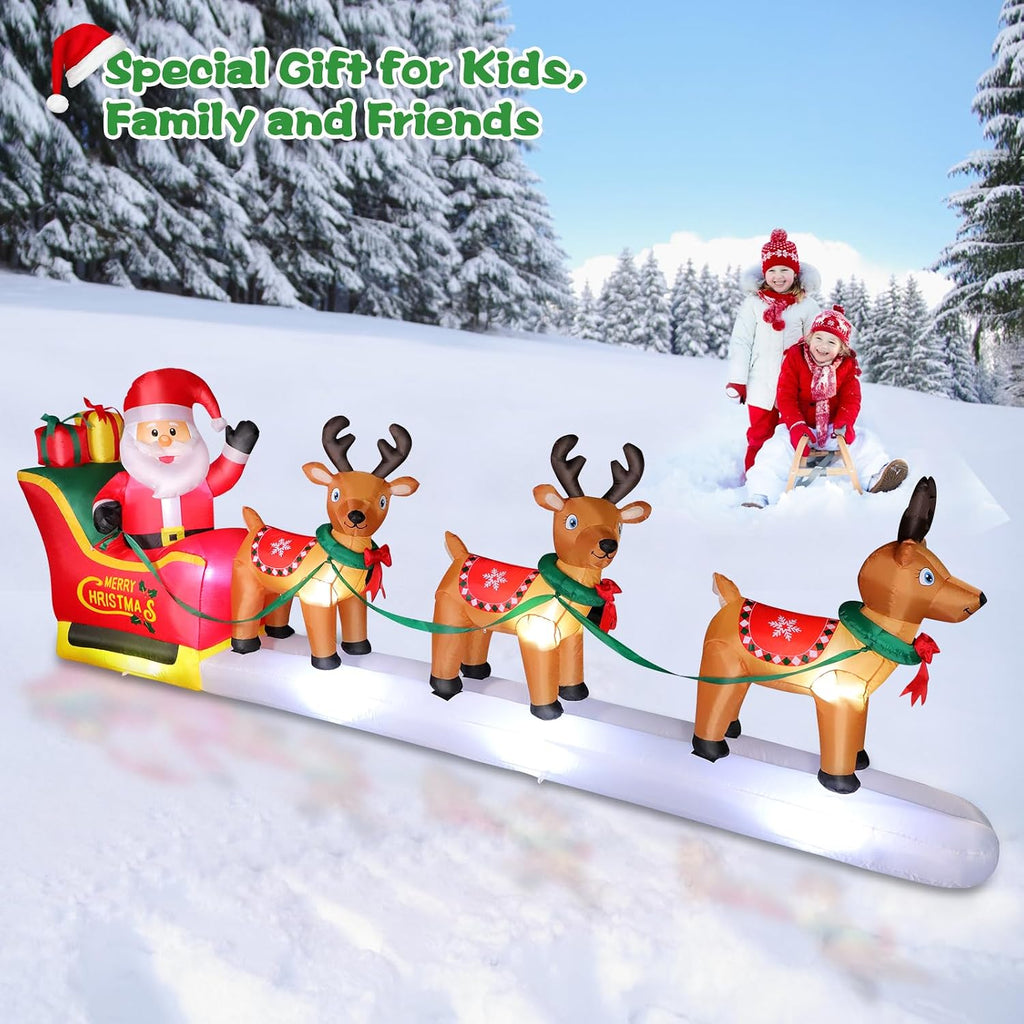 12 FT Long Christmas Inflatables Santa Claus with Reindeers Outdoor Decorations, Xmas Blow Up Yard Decorations with
