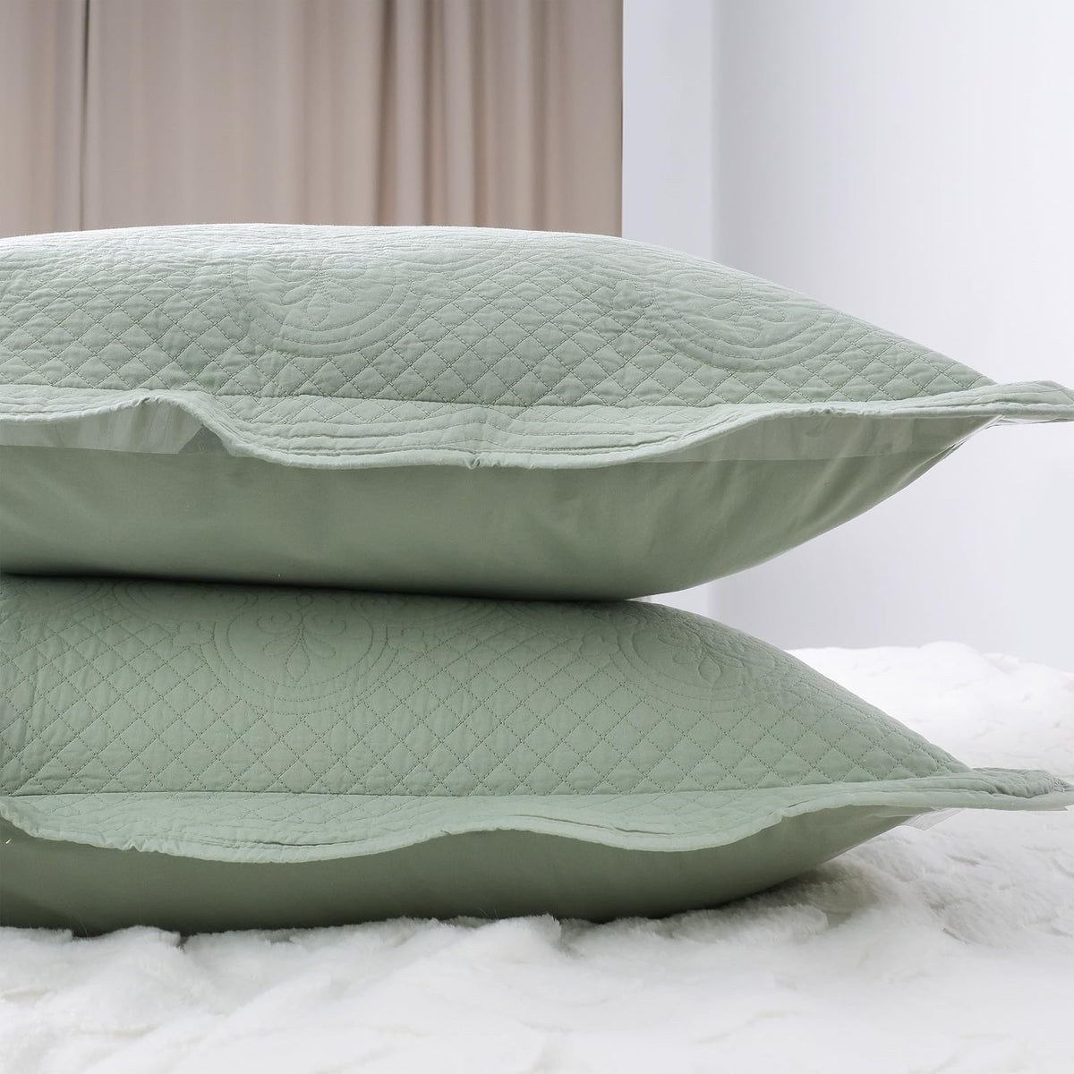 Quilted Pillow Sham Sage Green Standard Cotton Medallion Damask Set of 2 Embroidered Floral Scalloped Pillowcases