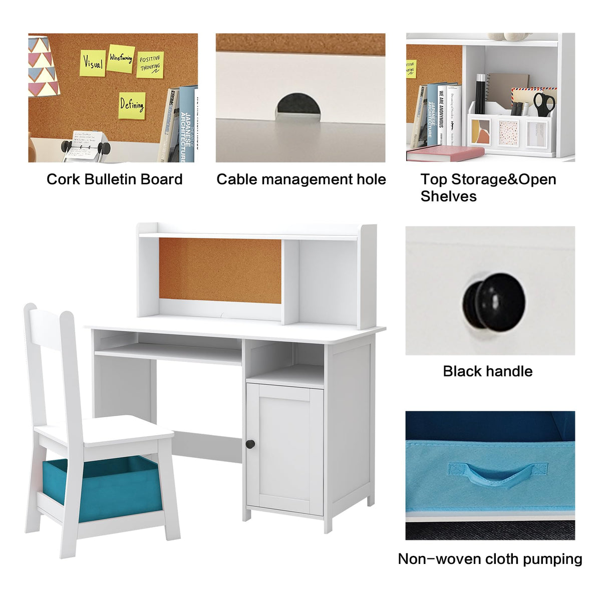 Kids Desk and Chair Set, Kids Desk Chair with Storage, White