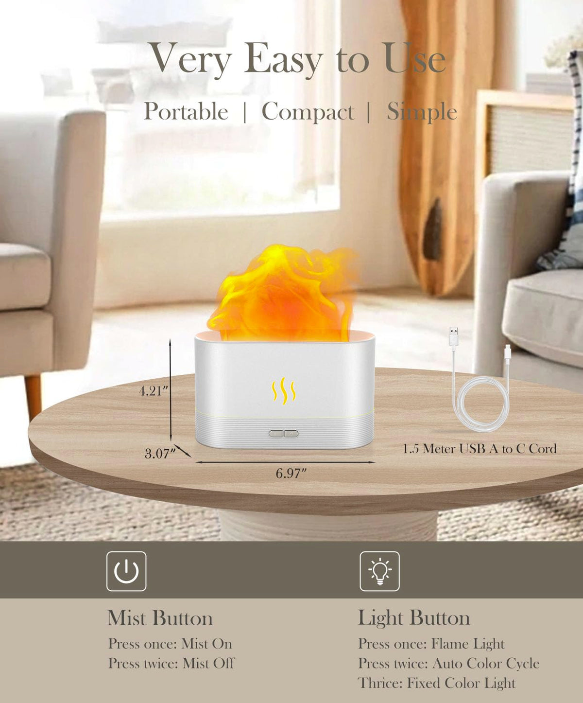 Essential Oil Diffuser, Humidifier with 7 Colors Flame Light