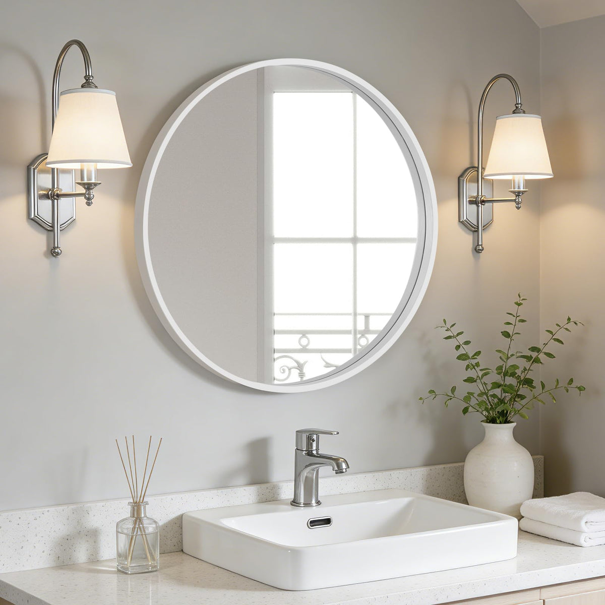 Round Wood Mirror 24 inch Circle Wall Mirror Round Wall Mirror for Wall Decor, Vanity, Entryway Living Room (White)