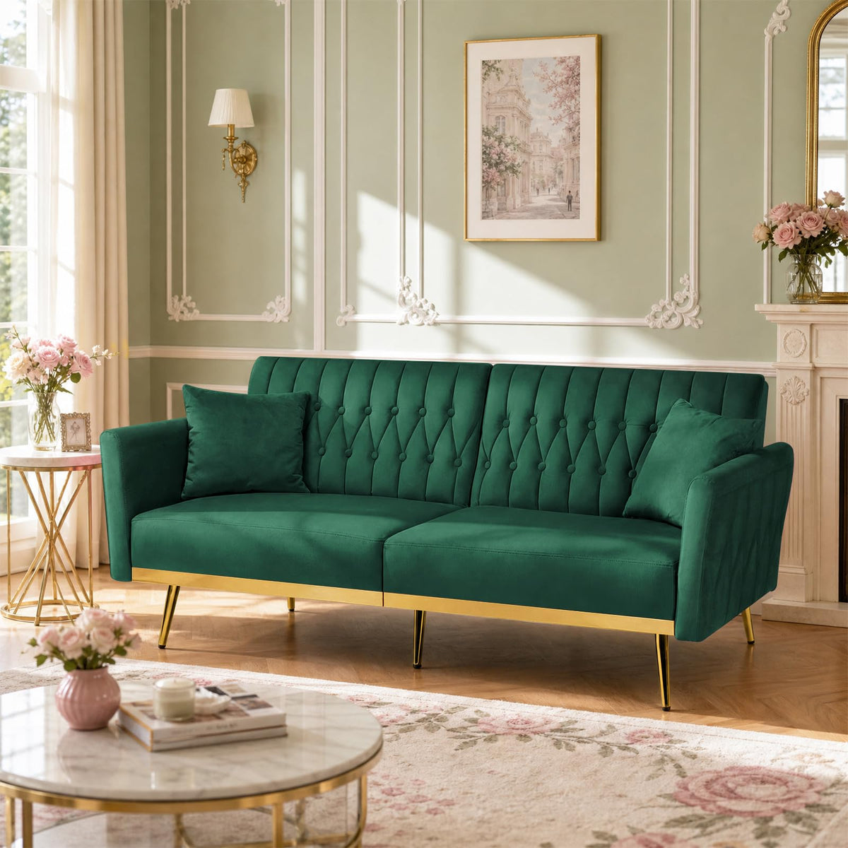 70" Futon Sofa Bed w/Adjustable Armrests, Green