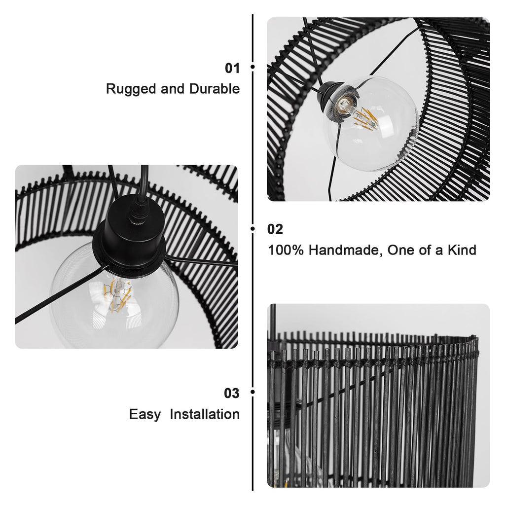 Woven Rattan Pendant Lamp, 16 Inch Large Natural Simple Hand Weaved Coastal Beach Black Rope Hanging Pendant Light