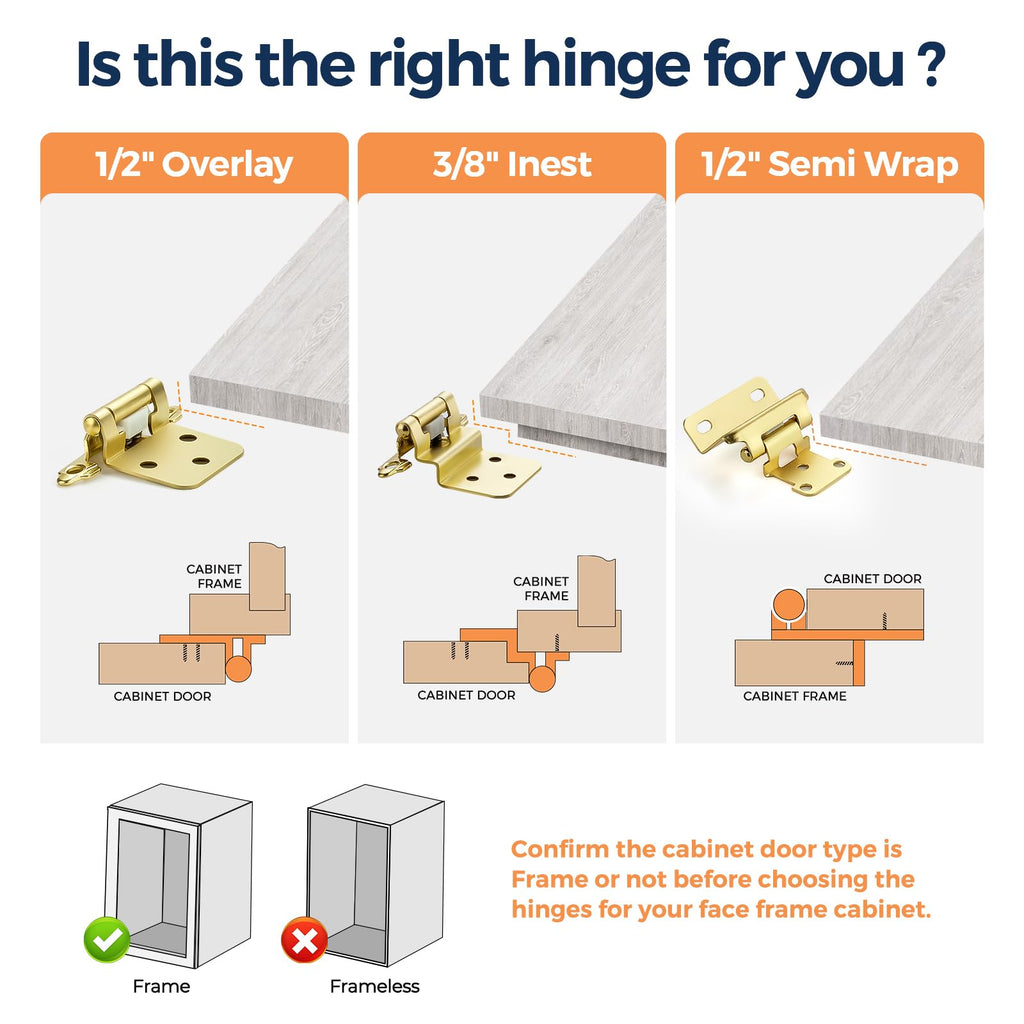 Satin Brass Gold Cabinet Hinges 3/8 Inch Inset 50 Pack(25Pairs)