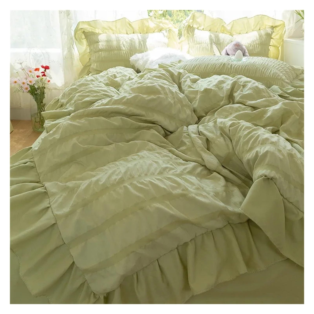 Ultra Soft Seersucker Fabric Ruffle White Bedding Set Double 4Pcs Quilt Duvet Cover Flat Bed Sheet 2