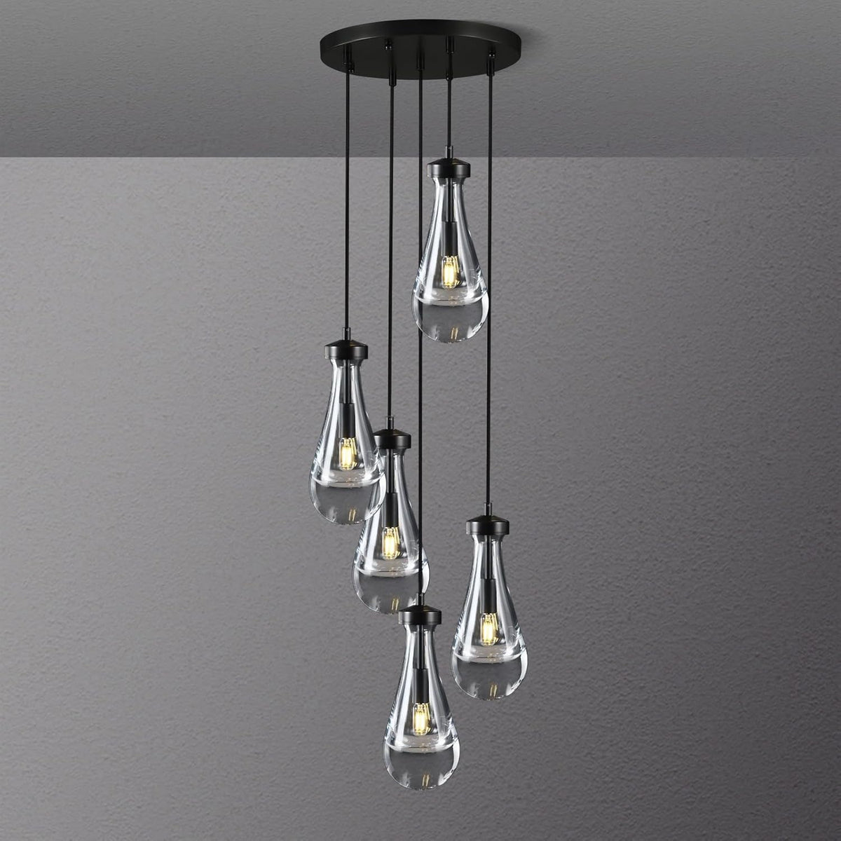 Raindrop Pendant Lights Kitchen Island Teardrop Black Hanging Light Fixtures Clear Solid Glass Pendant Light Modern Chandeliers for Dining Room Porch Corridor Living Room (5-Light)