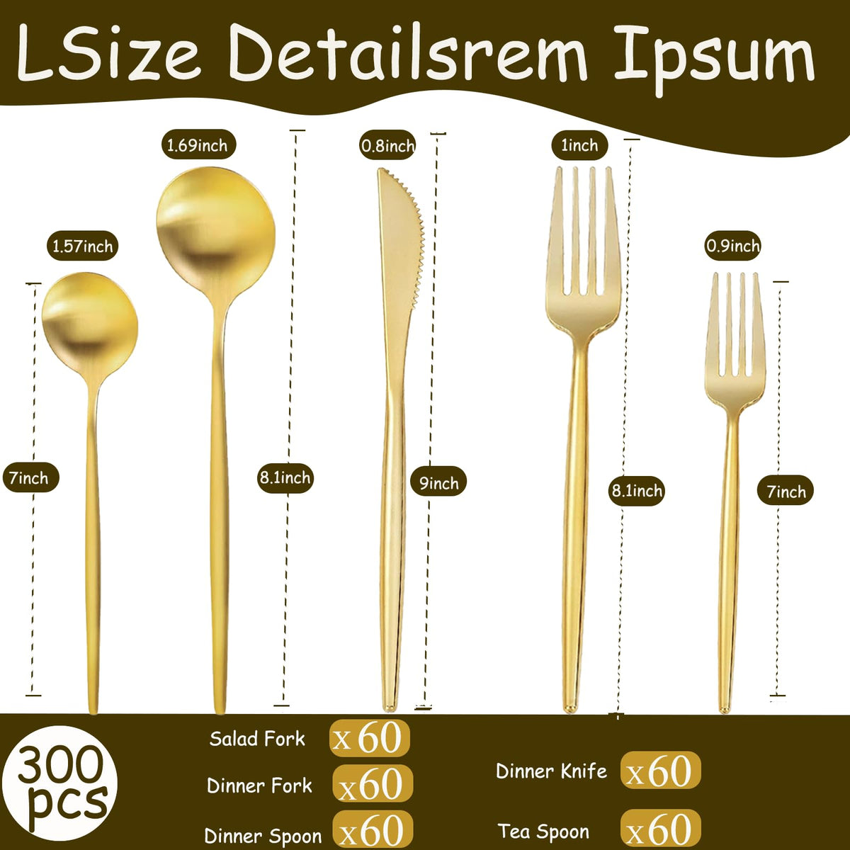 Gold Silverware Set 300-Piece - Premium Stainless Steel Flatware Set for 60, Luxury Gold Cutlery Set with Spoons