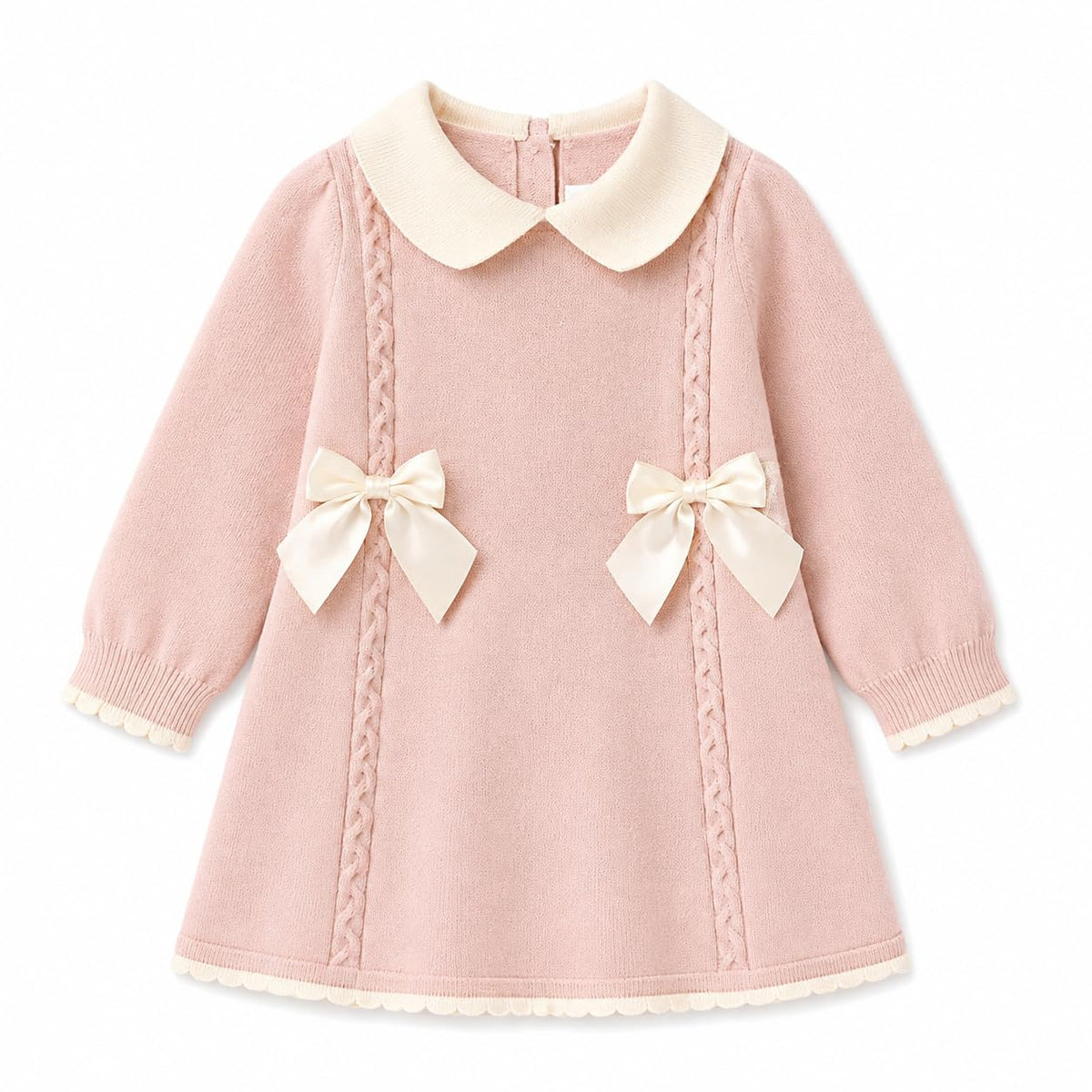 Baby Girls Knitted Sweater Dress with Peter Pan Collar & Bow (US, Age, Pink-White)