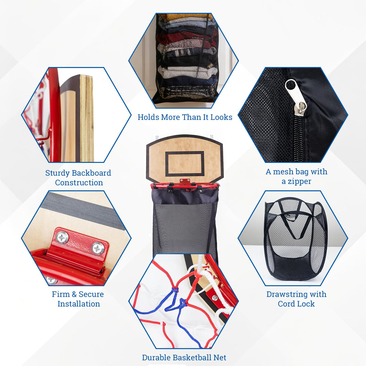 Basketball Laundry Hamper, Over The Door Hoop with Laundry Basket, Sports-Themed Hamper Organizer Set with Backboard