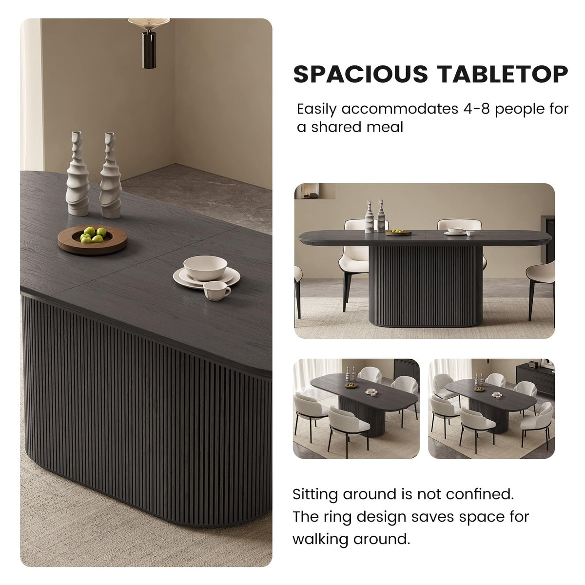 7-Piece Oval Dining Table Set, 86.61" Modern Kitchen Table with 6 Chairs, Indoor Rectangular Dining Room Table, Black