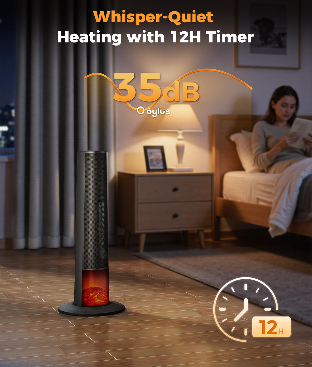 Tower Heater for Indoor Use - 25" Portable Space Heater with 3D Flame, Remote, Adjustable Thermostat, 2 Heat Modes
