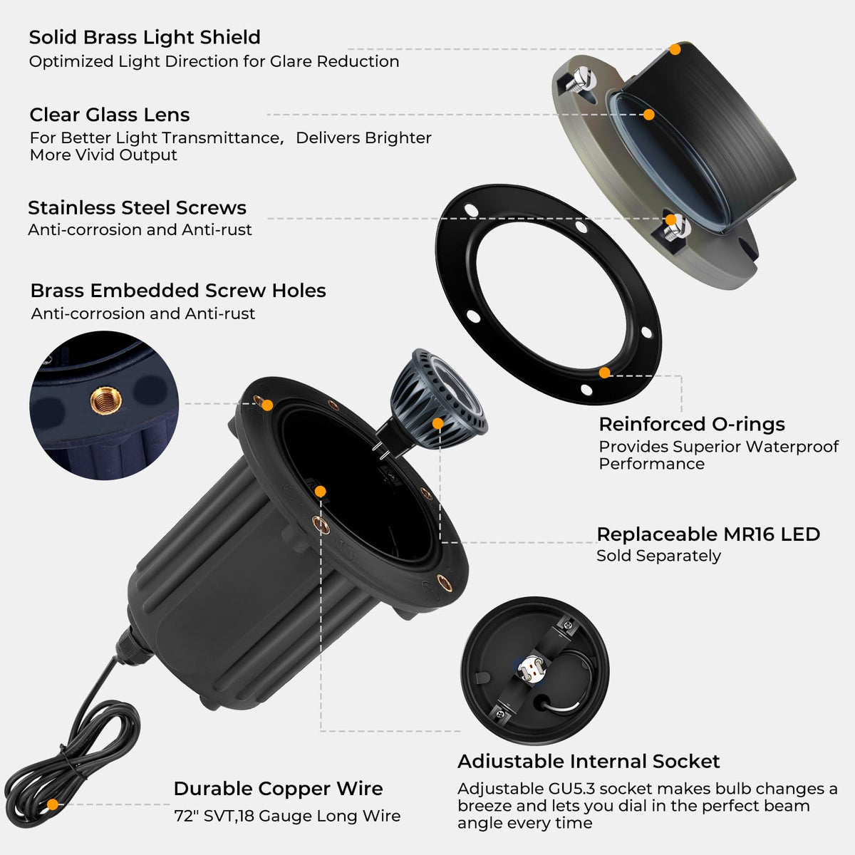Brass Well Lights Outdoor 12-Pack, 12V Shielded LED Low Voltage In-Ground Landscape Lighting for Yard, Waterproof