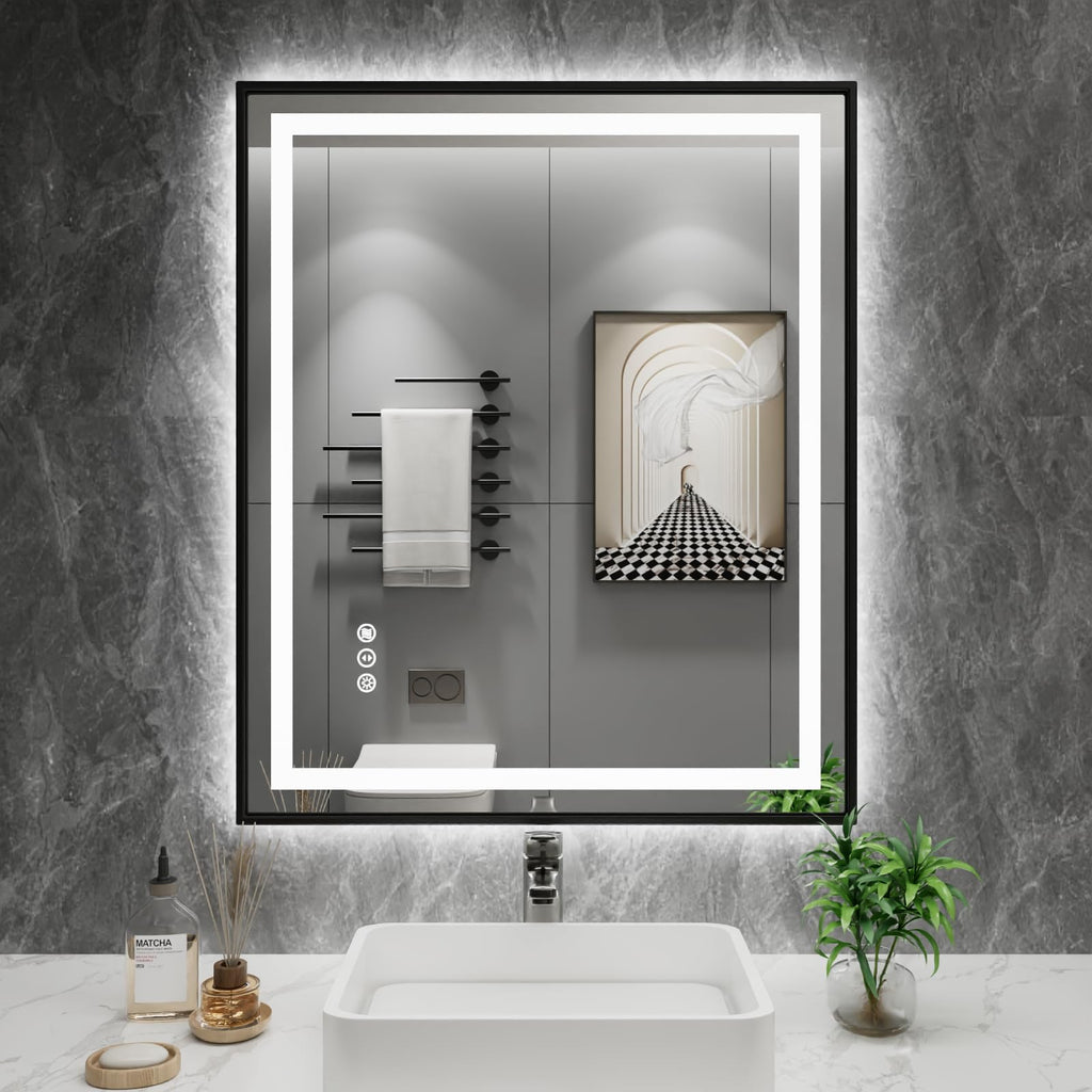 LED Bathroom Mirror, 24"X30" Front Lit and Backlit with Black Frame