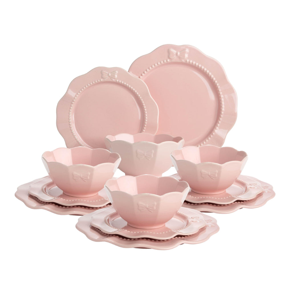 12-Piece Dinnerware Set, Embossed Bow Design, Iconic Ceramic Stoneware Service for 4 with Dinner Plates, Salad