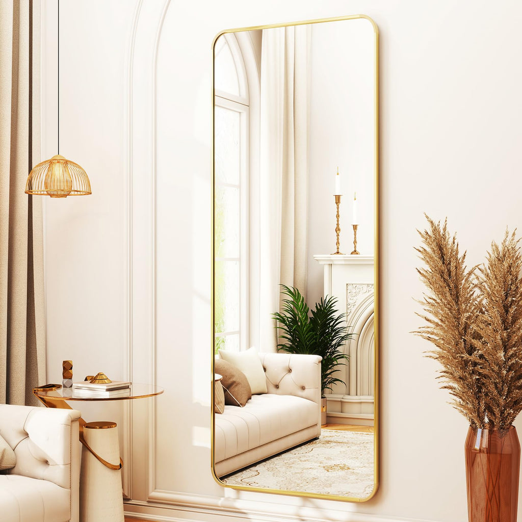 Full Length Mirror 23"x66", Large Floor Mirror with Rectangle Rounded Corners, Gold Aluminum Alloy Frame, Wall Mirror