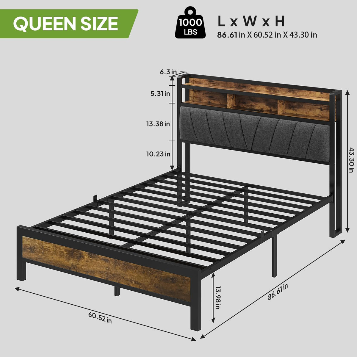 Bed Frame with LED Lights and Charging Station, Vintage Brown